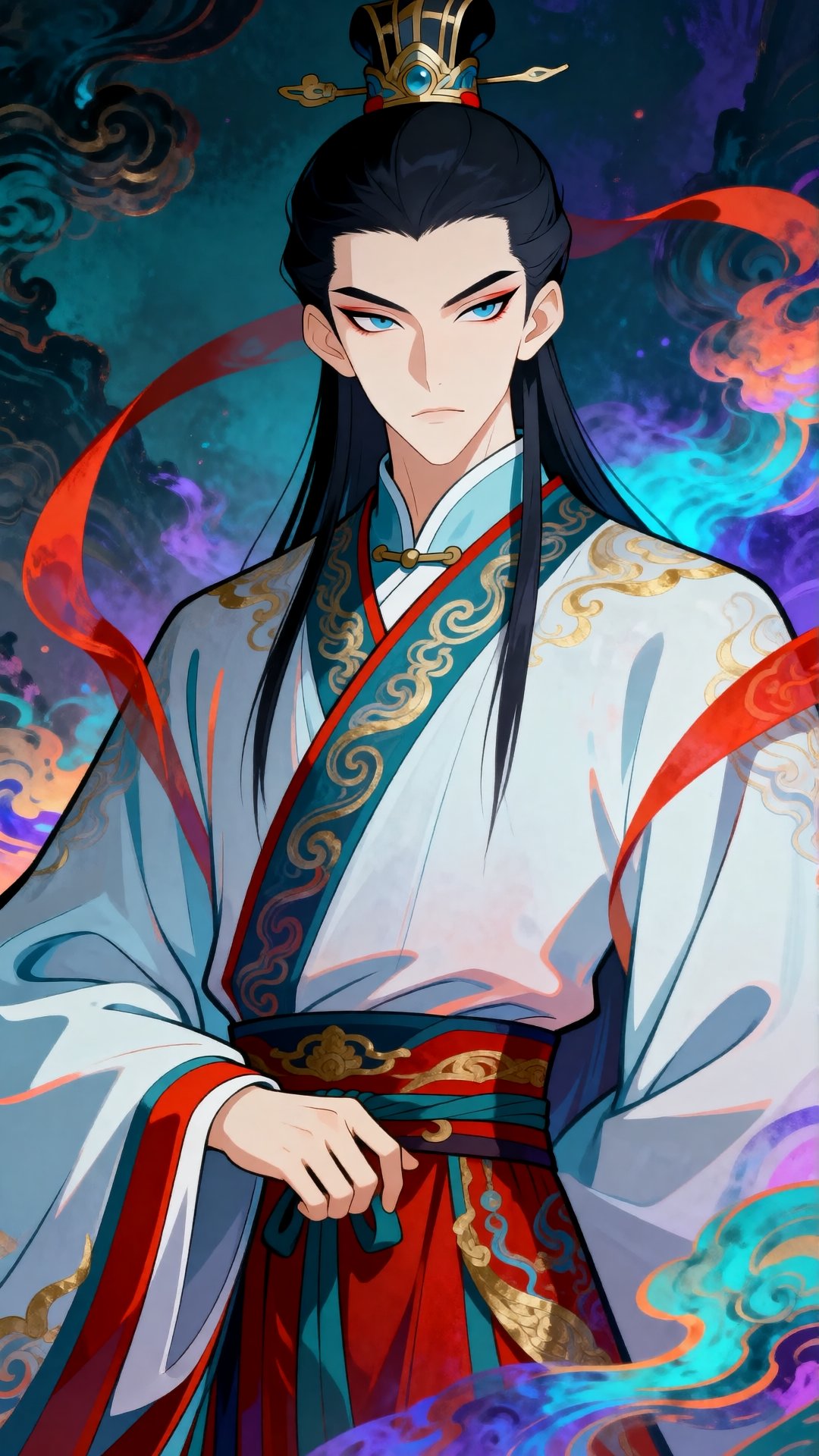 This is a digital illustration in an anime style featuring a stern-looking male character with pale skin,  long black hair...