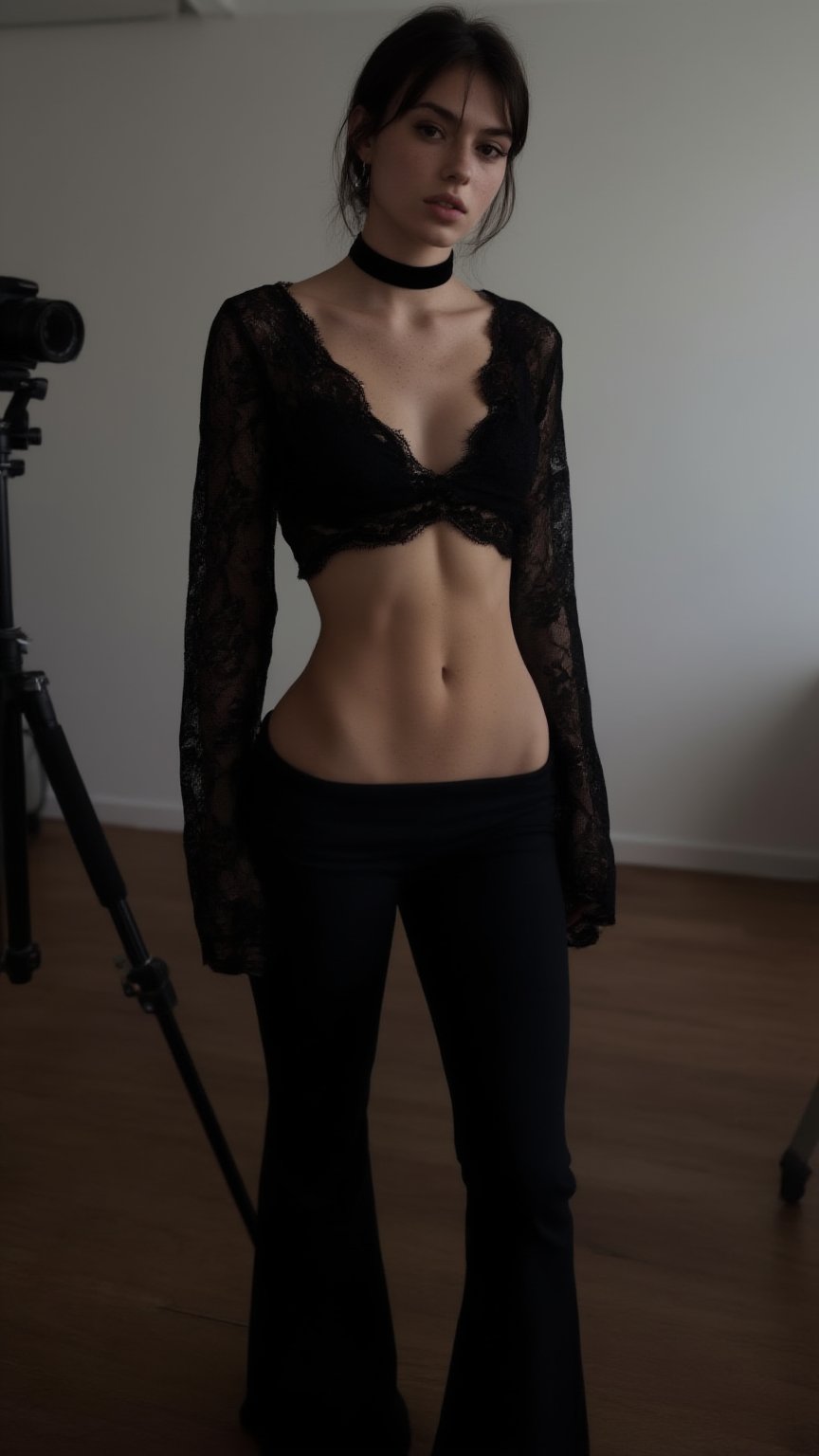 Highly detailed hyper-realistic full-body photograph of a slender young woman with dark hair pulled back,  wearing a black...