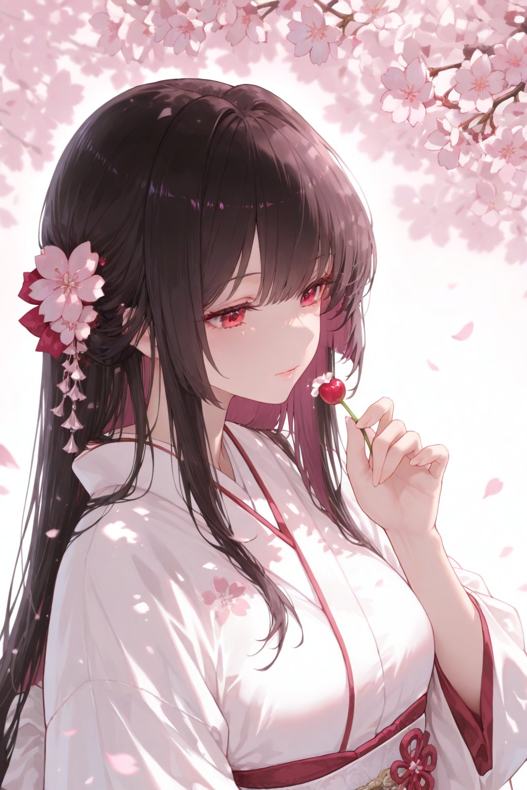 A long-haired woman wearing a white kimono,  with a cherry blossom hair accessory,  holding a pink cherry blossom by 月老板 o...