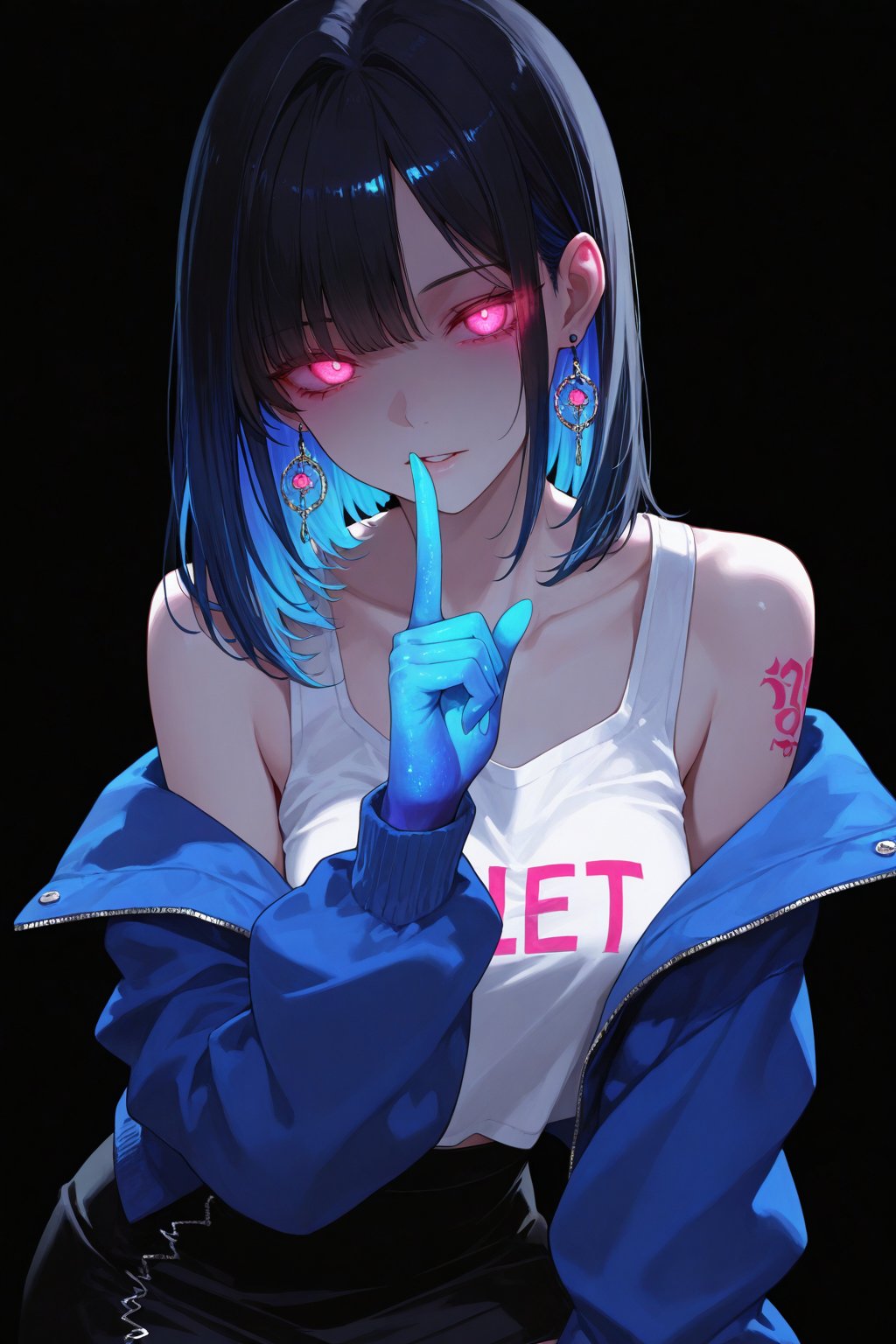 1girl solo looking at viewer bangs skirt shirt black hair bare shoulders jewelry blue hair jacket multicolored hair earrin...