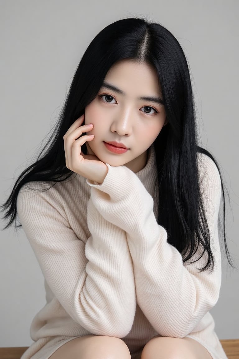 A serene portrait captures a solo female figure,  long black hair cascading down her back,  parted lips subtly conveying i...