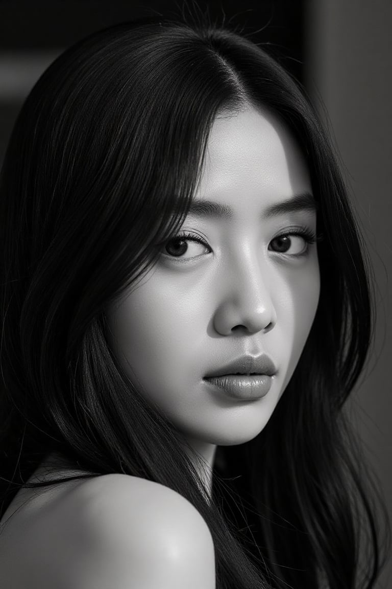 Ultra-realistic cinematic black-and-white high fashion portrait based on the uploaded reference face. A stunning Asian wom...