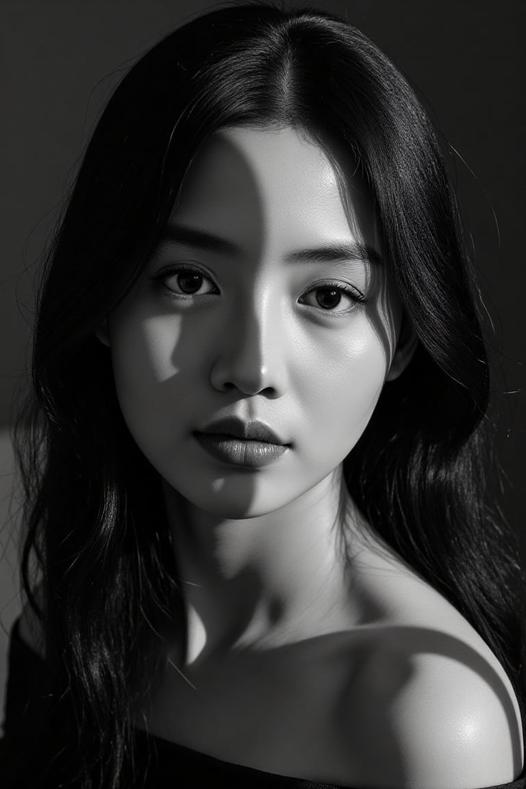 Ultra-realistic cinematic black-and-white high fashion portrait based on the uploaded reference face. A stunning Asian wom...