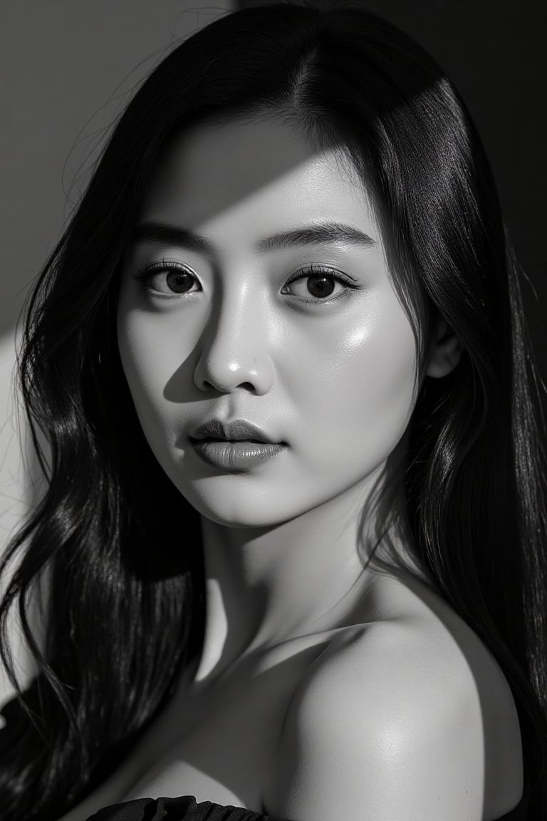 Ultra-realistic cinematic black-and-white high fashion portrait based on the uploaded reference face. A stunning Asian wom...