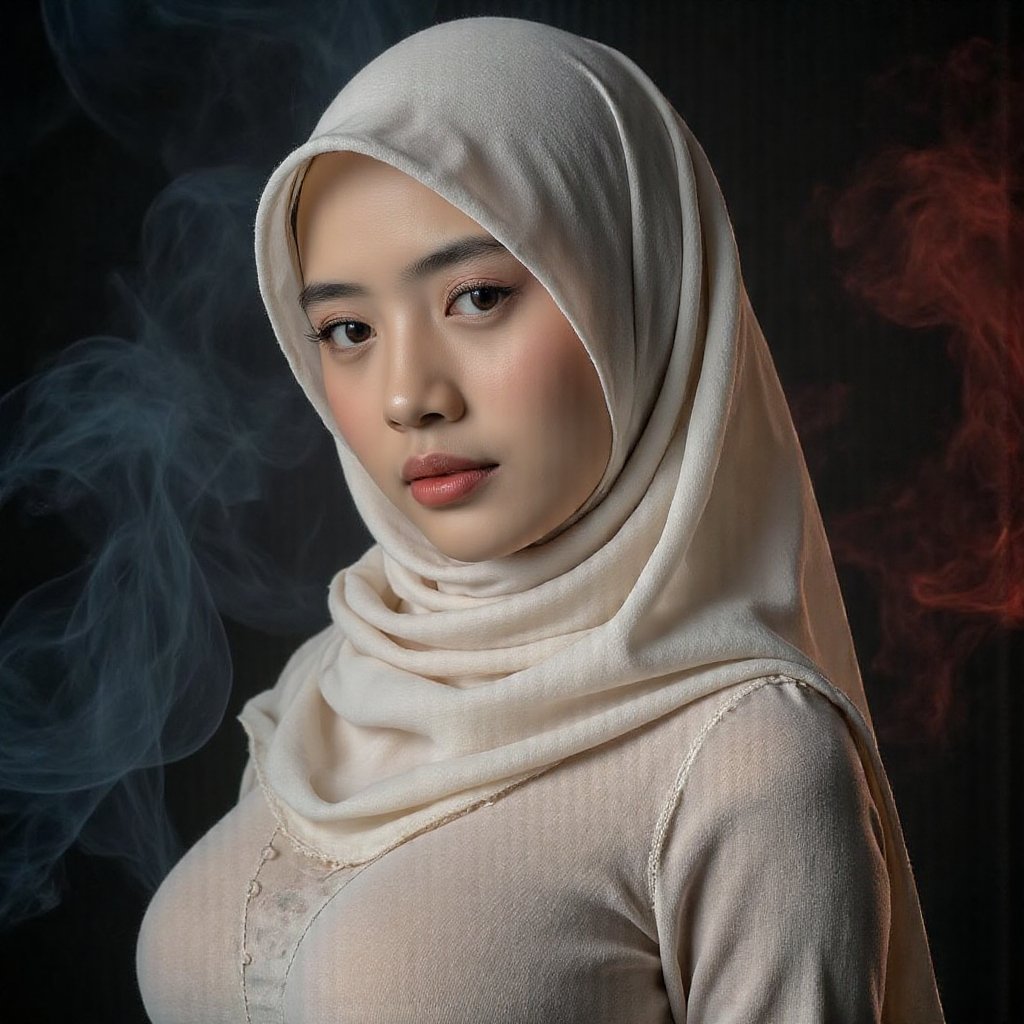 This image is an evocative,  seductive,  high-definition picture of a breathtakingly gorgeous model wearing hijab by jusTo...