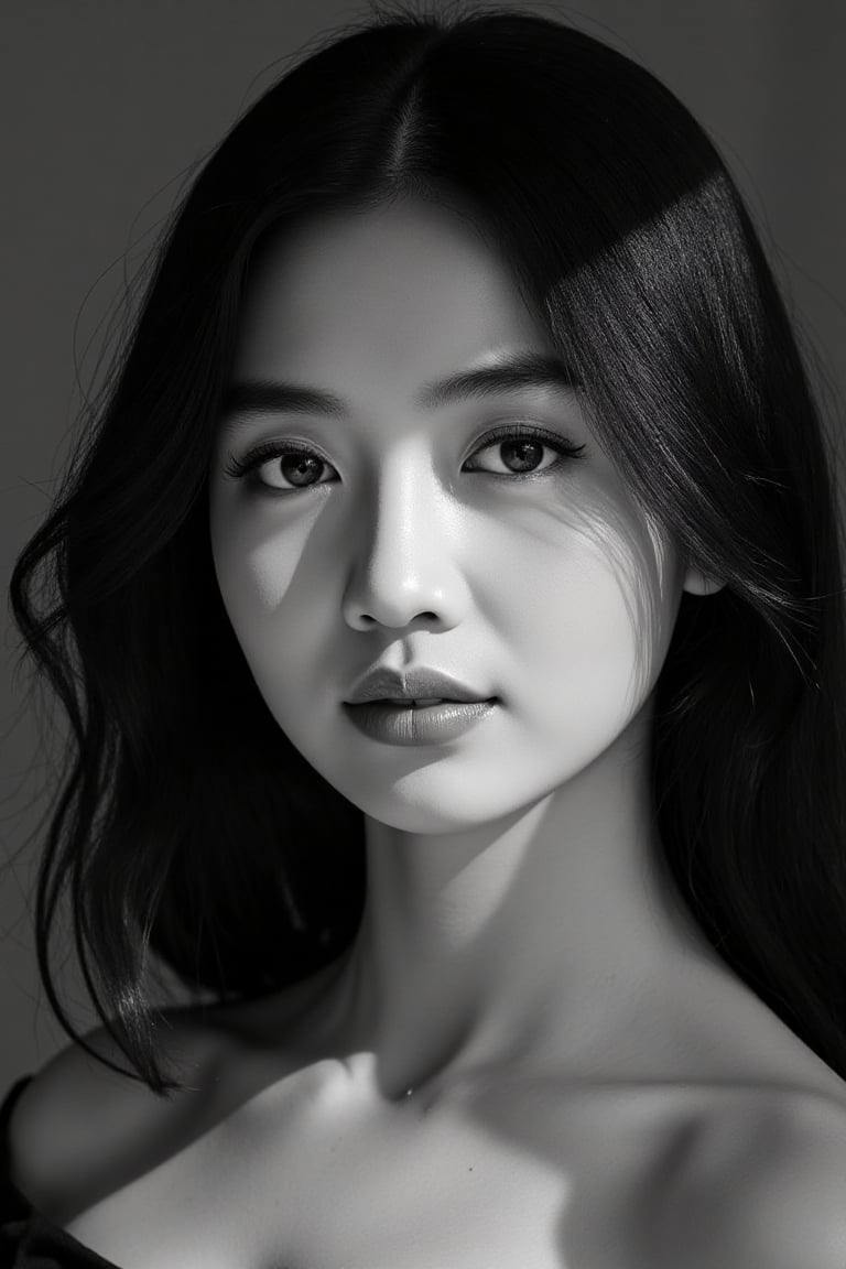 Ultra-realistic cinematic black-and-white high fashion portrait based on the uploaded reference face. A stunning Asian wom...