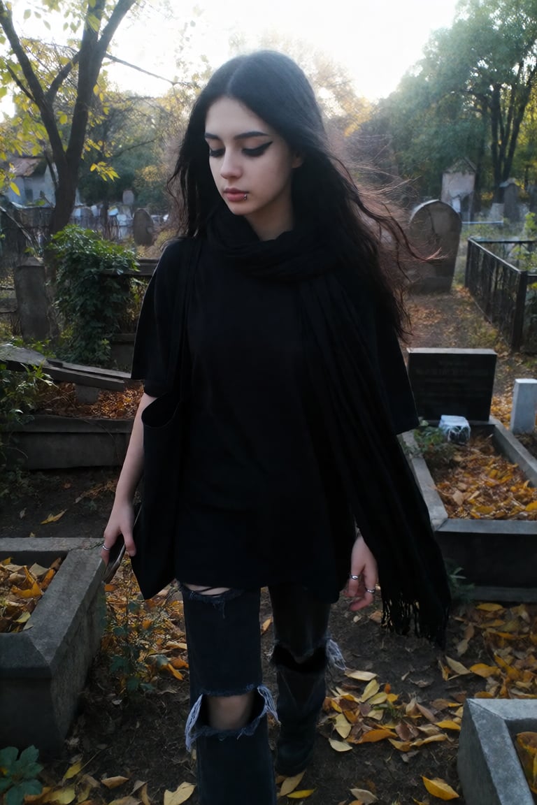 A goth girl,  18 years old,  walks through an old cemetery on a cool autumn afternoon. Her deep brown eyes are rimmed with...