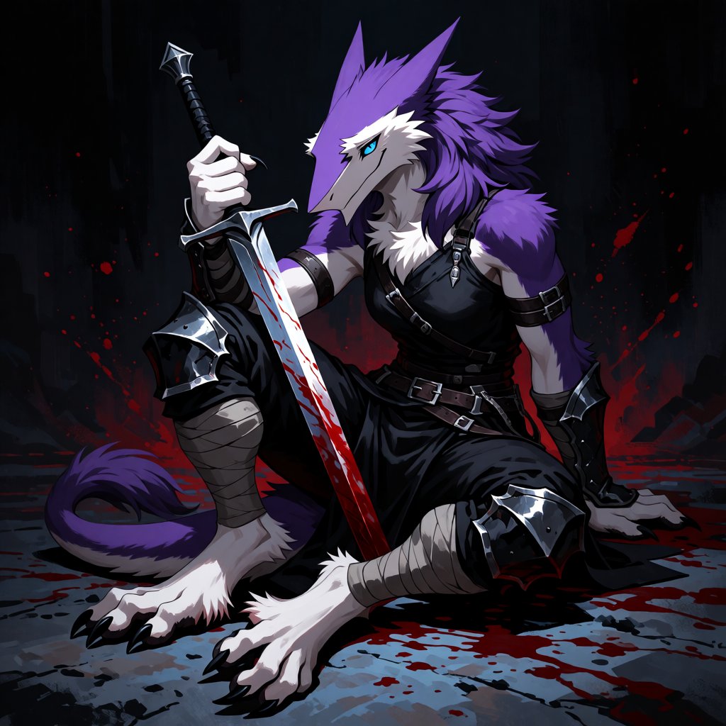 This is a digital painting of an anthropomorphic adult sergal with a muscular build,  sitting in a dark,  ominous environm...