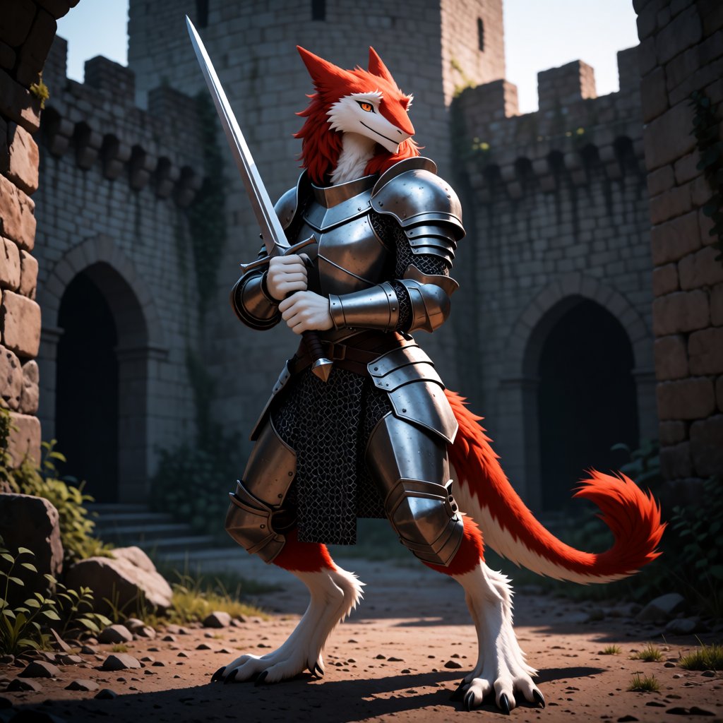 Highly realistic portrait of a solo sergal male stands firmly in full templar armor,  her red fur catching the dim light o...