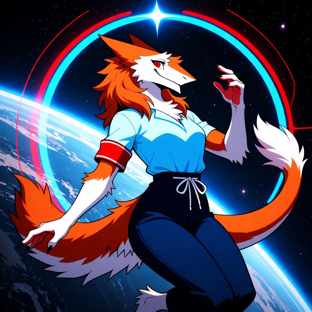 A vibrant digital illustration of a sergal with orange and white fur,  floating in space. The sergal has a long,  bushy ta...