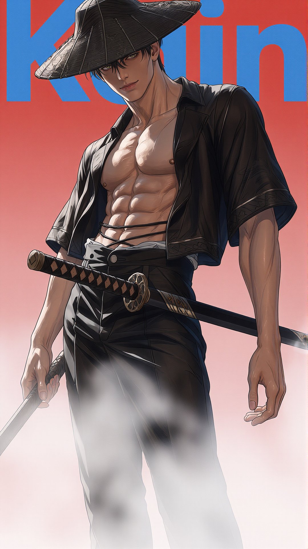 CENTER FOREGROUND: The image depicts a stylized,  anime-inspired character dressed in traditional Japanese attire. The cha...