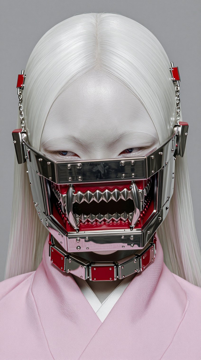 A figure with pale,  smooth skin and straight white hair parted down the center wears an elaborate metallic mask covering...