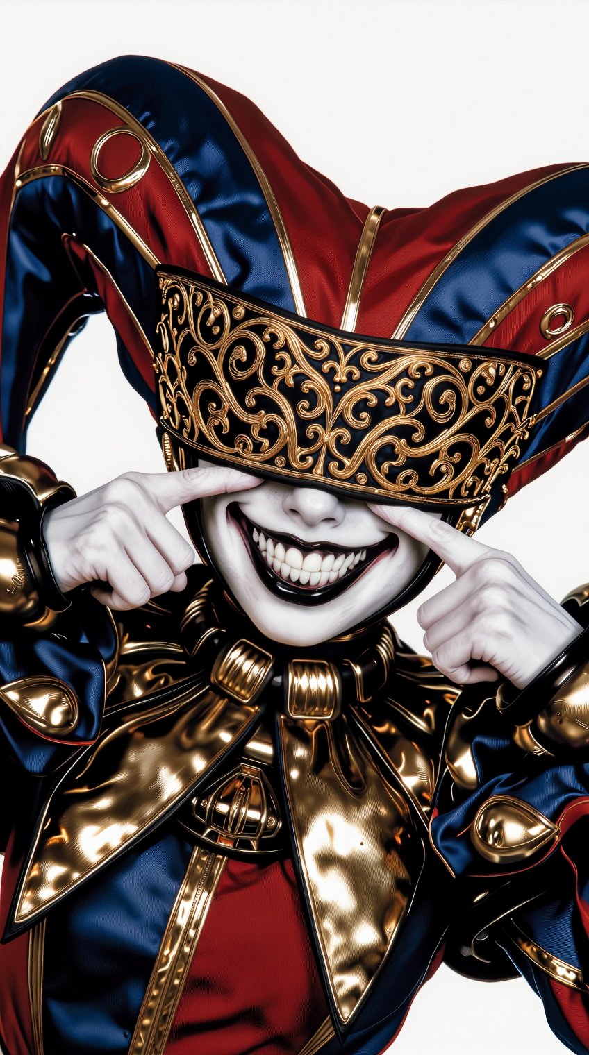 A figure in an ornate jester costume poses against a stark white background,  viewed from a low angle. The costume feature...