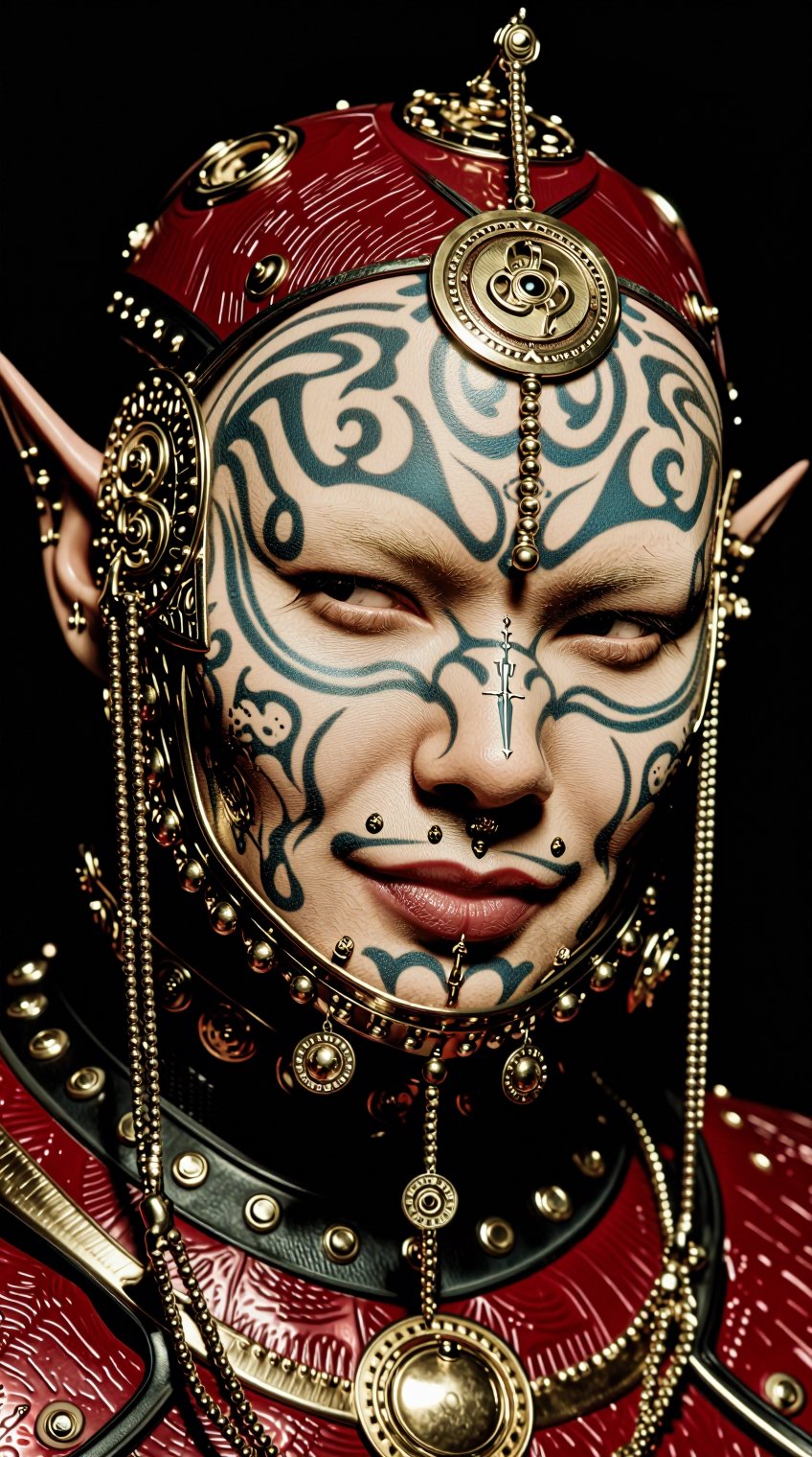 A person with fair skin wears an elaborate,  ornate headdress and armor in deep red with metallic gold and silver accents....
