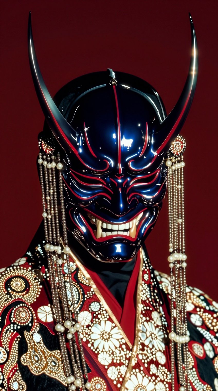A figure wears an ornate,  glossy black Hannya-style mask with sharp,  upward-curving horns and vivid red linear accents t...