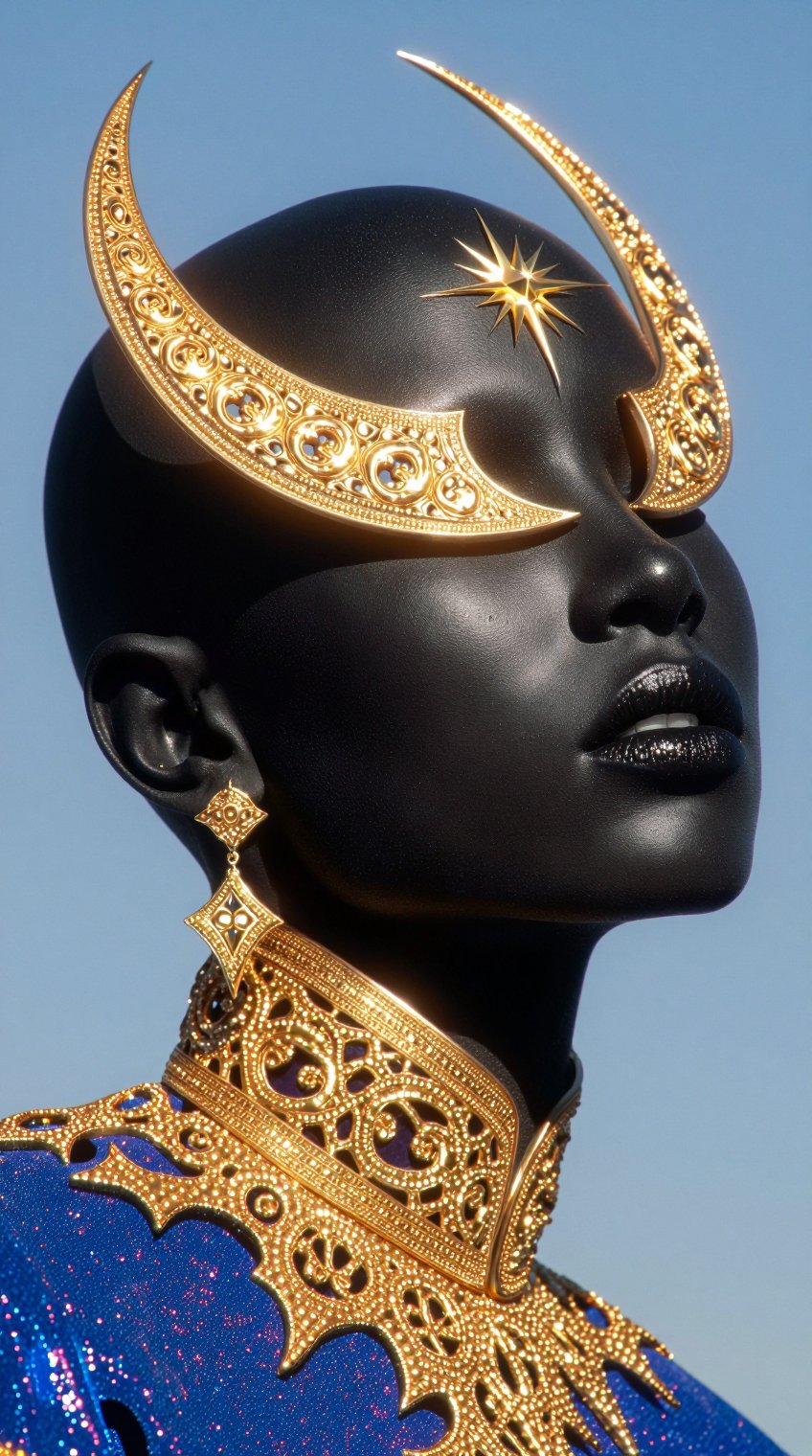 A bald figure with luminous black skin,  speckled with fine glitter,  wears an ornate golden headpiece shaped like crescen...
