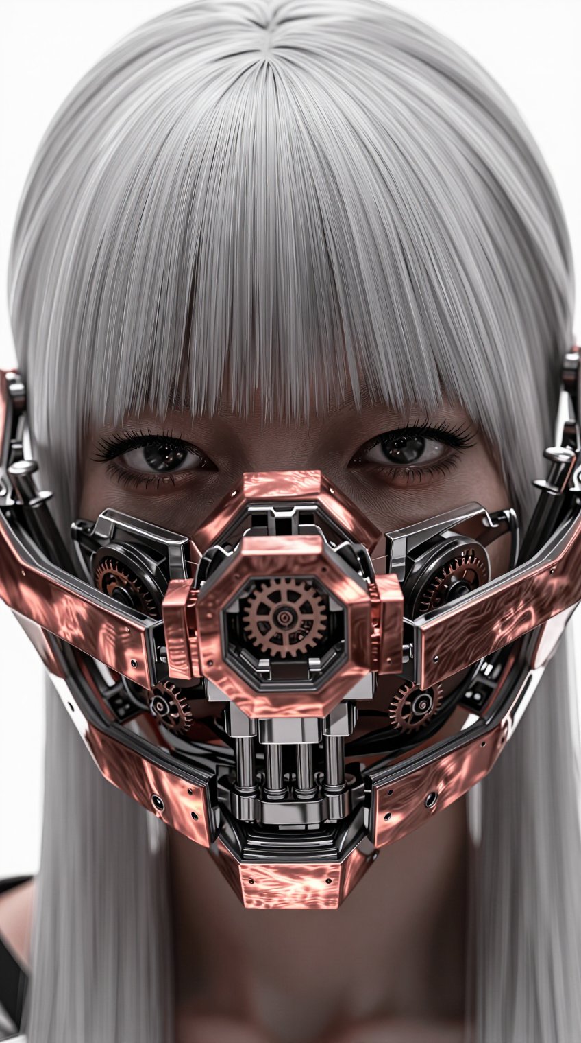 A person with straight,  silver-gray hair and bangs gazes directly forward,  their face partially obscured by an intricate...