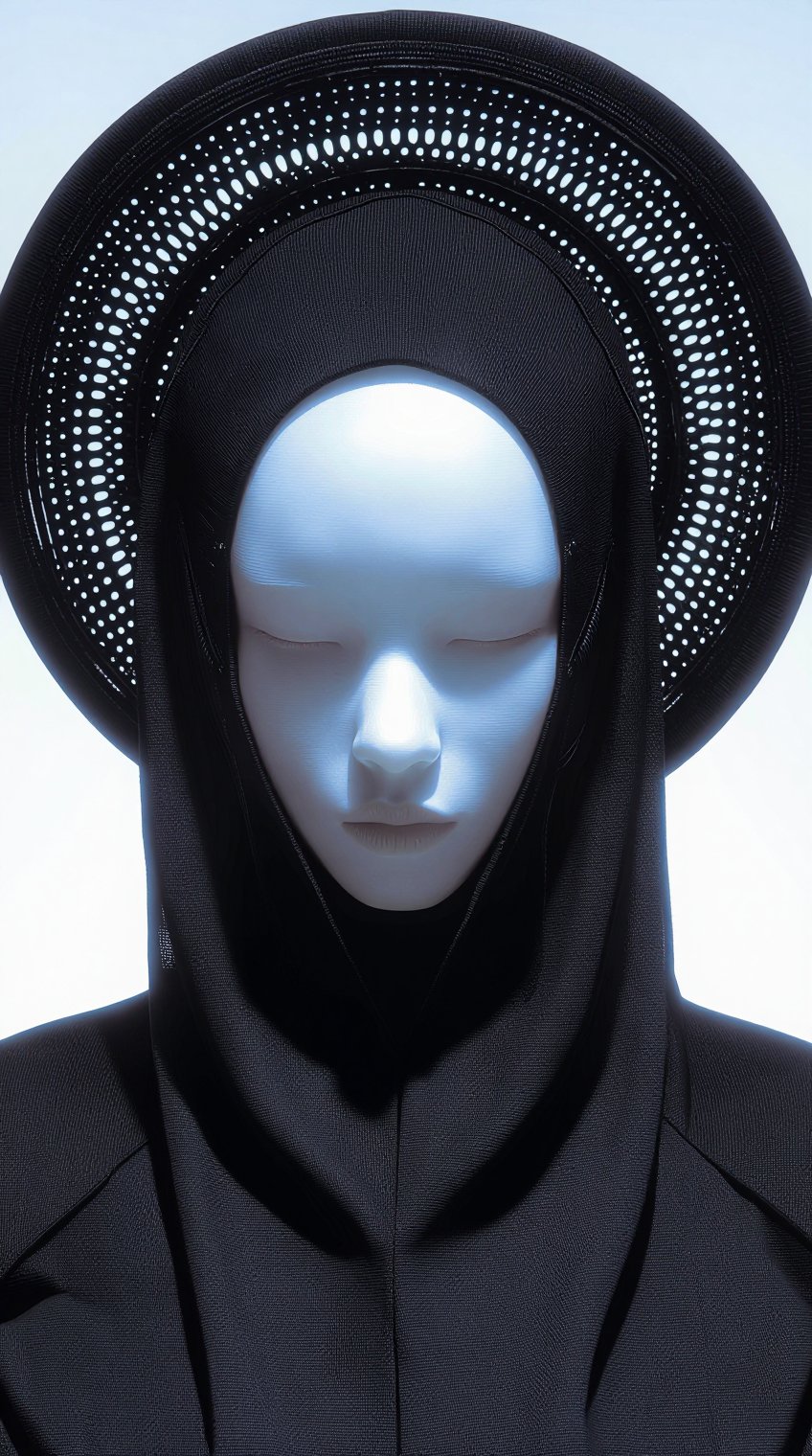 A figure with a smooth,  pale white face and closed eyes wears an elaborate black hooded garment; the wide,  circular brim...