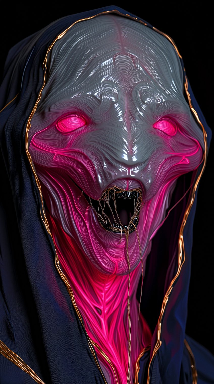 A grotesque,  otherworldly face dominates the frame,  its skin translucent and deeply wrinkled by patrik 🐈 on Tensor.Art