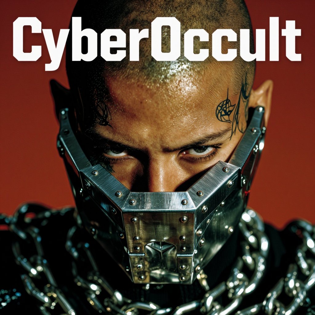 A close-up cover portrait of a person with a shaved head,  glitter on their temples,  and black Gothic tattoos above their...