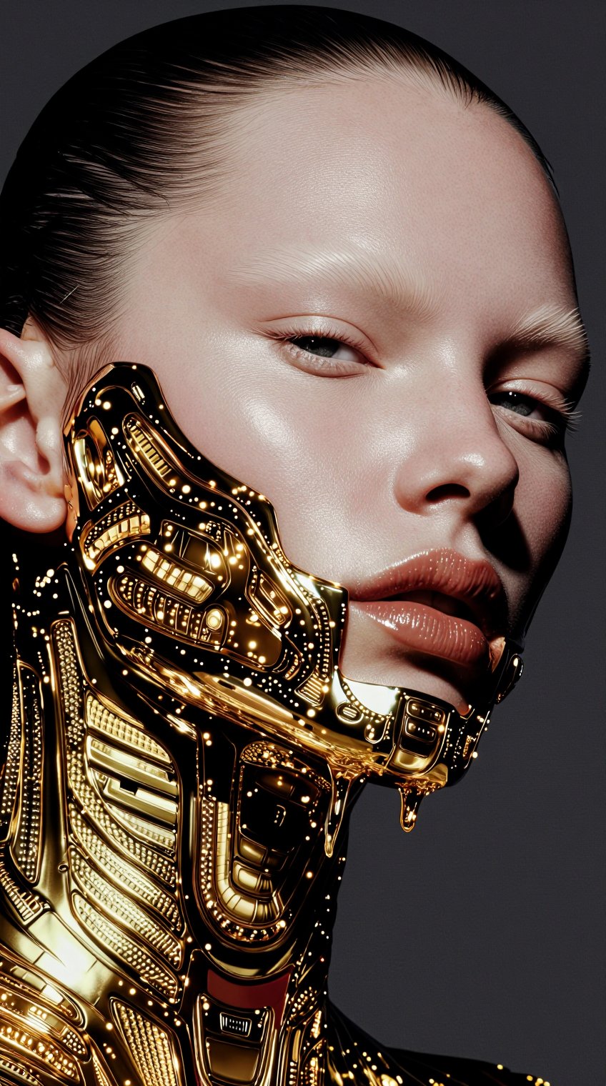 A close-up portrait of an elegant model with pale skin and slicked-back dark hair,  wearing a complex,  liquid gold bio-me...