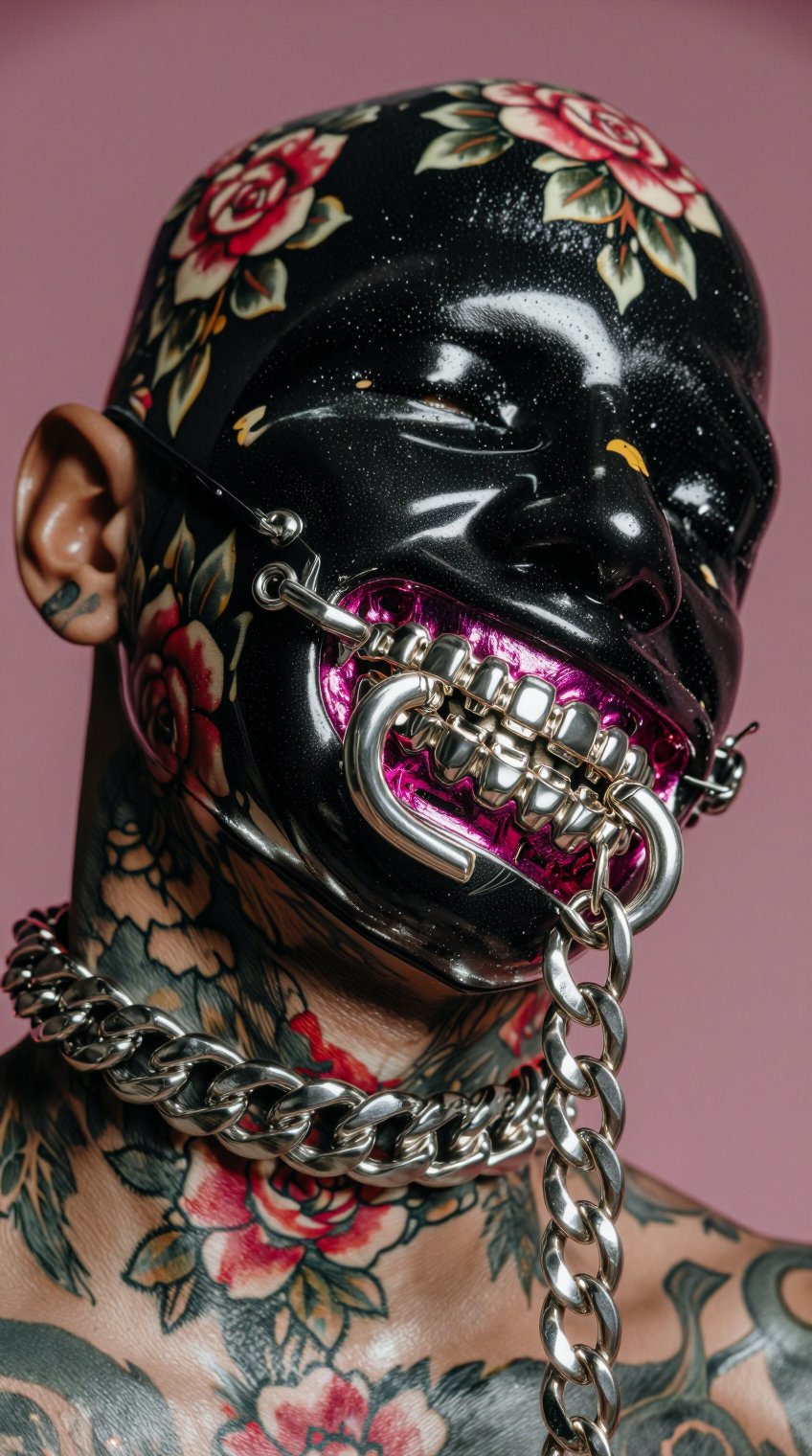 A person wears a glossy black latex mask adorned with painted red and yellow roses,  covering the entire head except for t...