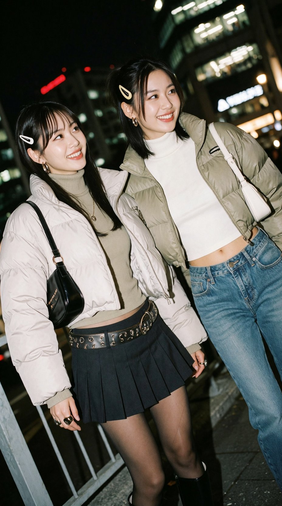 Close-up photograph of two stylish Japanese K-pop female idols in their 20s,  trendy Y2K winter night streetwear with a li...