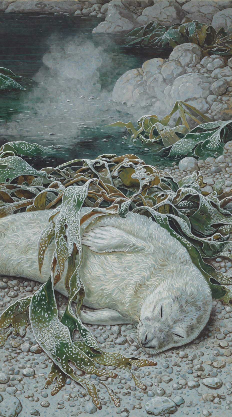A delicate silverpoint drawing on pale blue prepared paper of a sleeping infant harbor seal pup curled beneath a cluster o...