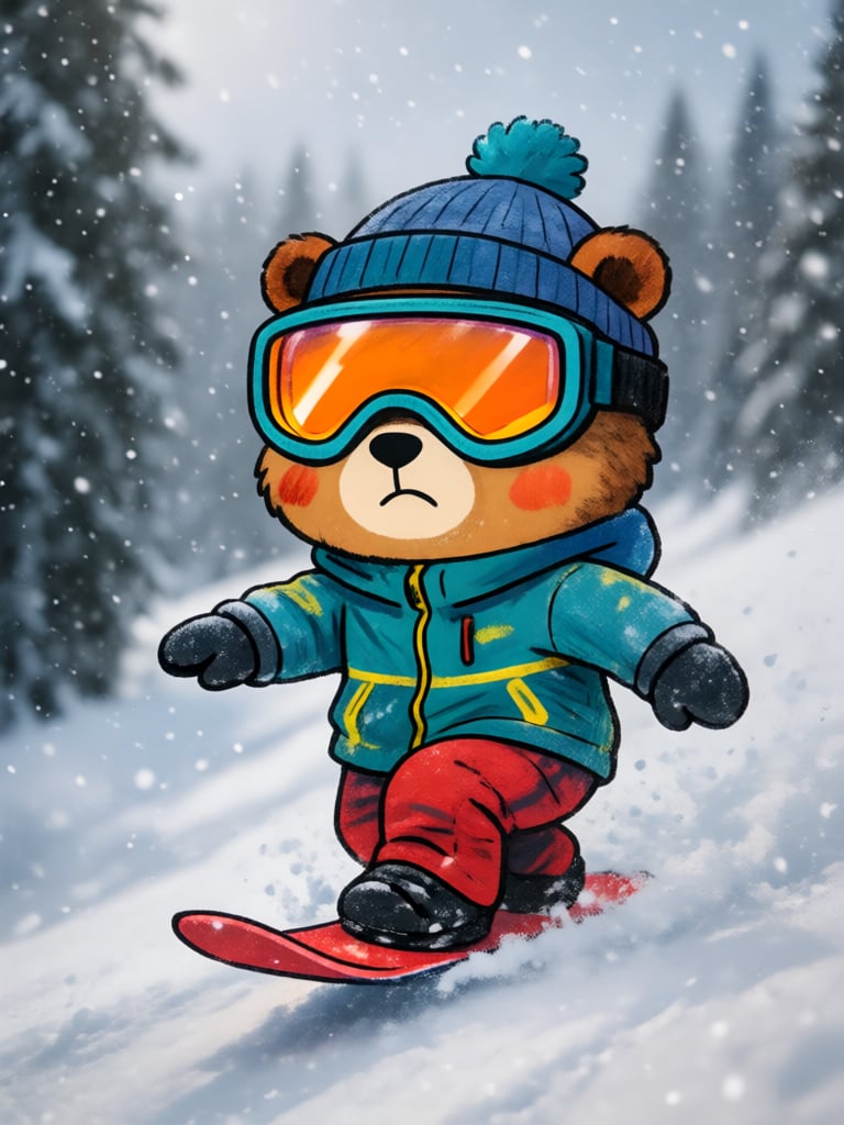 this is a digital drawing in a cartoon style depicting an anthropomorphic bear snowboarding in a snowy forest,  the bear w...