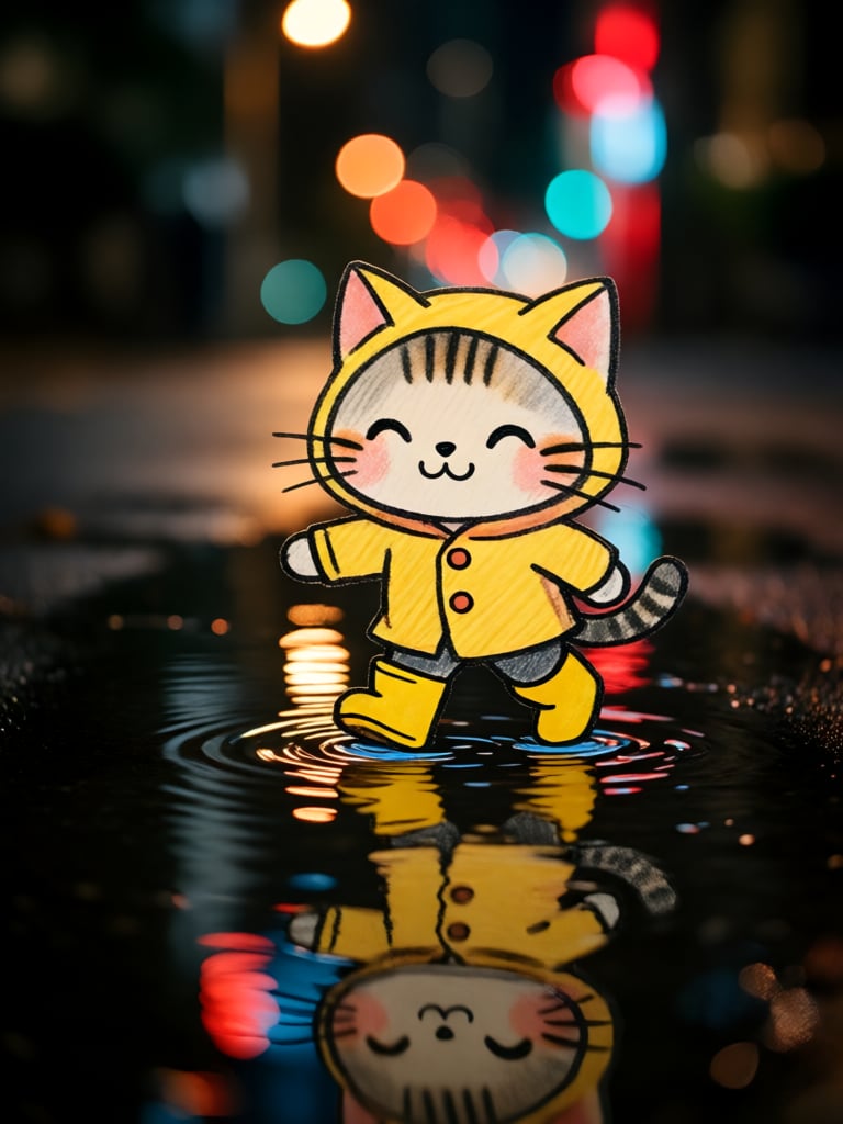 this is a photograph of a cute,  cartoon-style drawing of a smiling cat wearing a yellow raincoat and matching boots,  sta...
