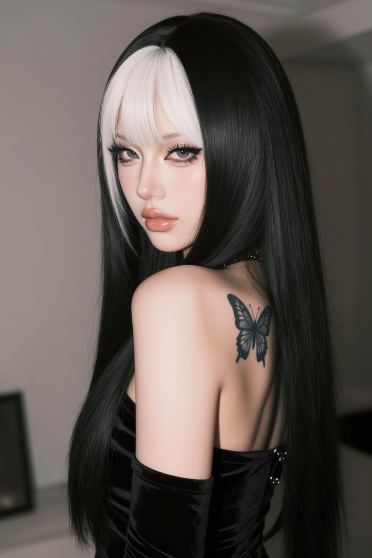 A stylish young woman with long,  straight black hair and white blunt bangs,  angled slightly away from the camera. She we...