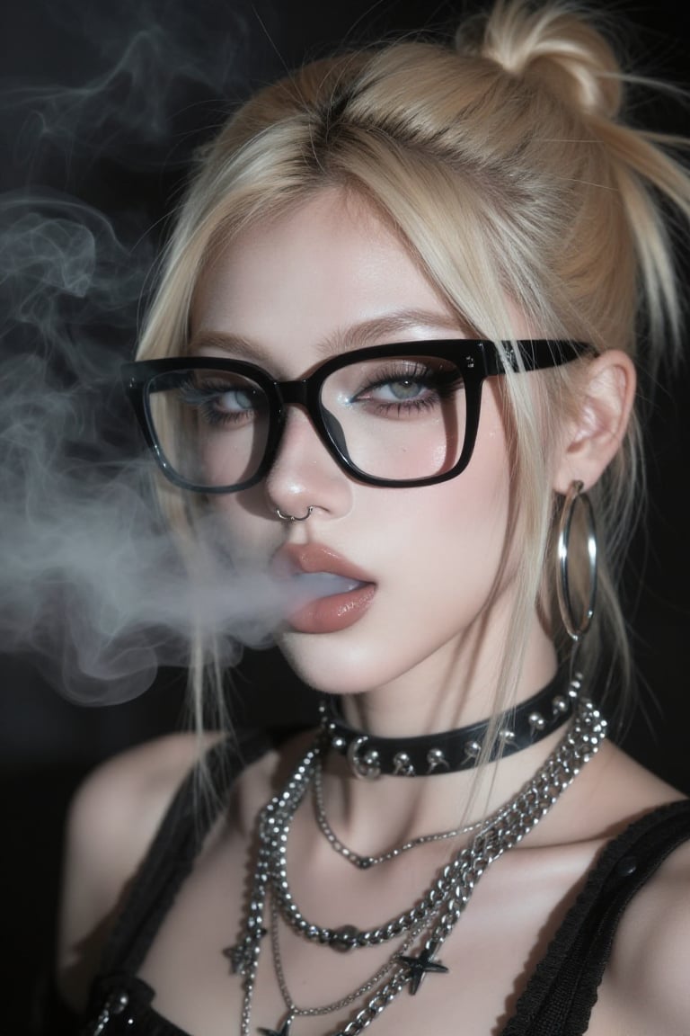 A close-up portrait of a young woman with striking makeup,  wearing large black-rimmed glasses and exhaling smoke. She has...
