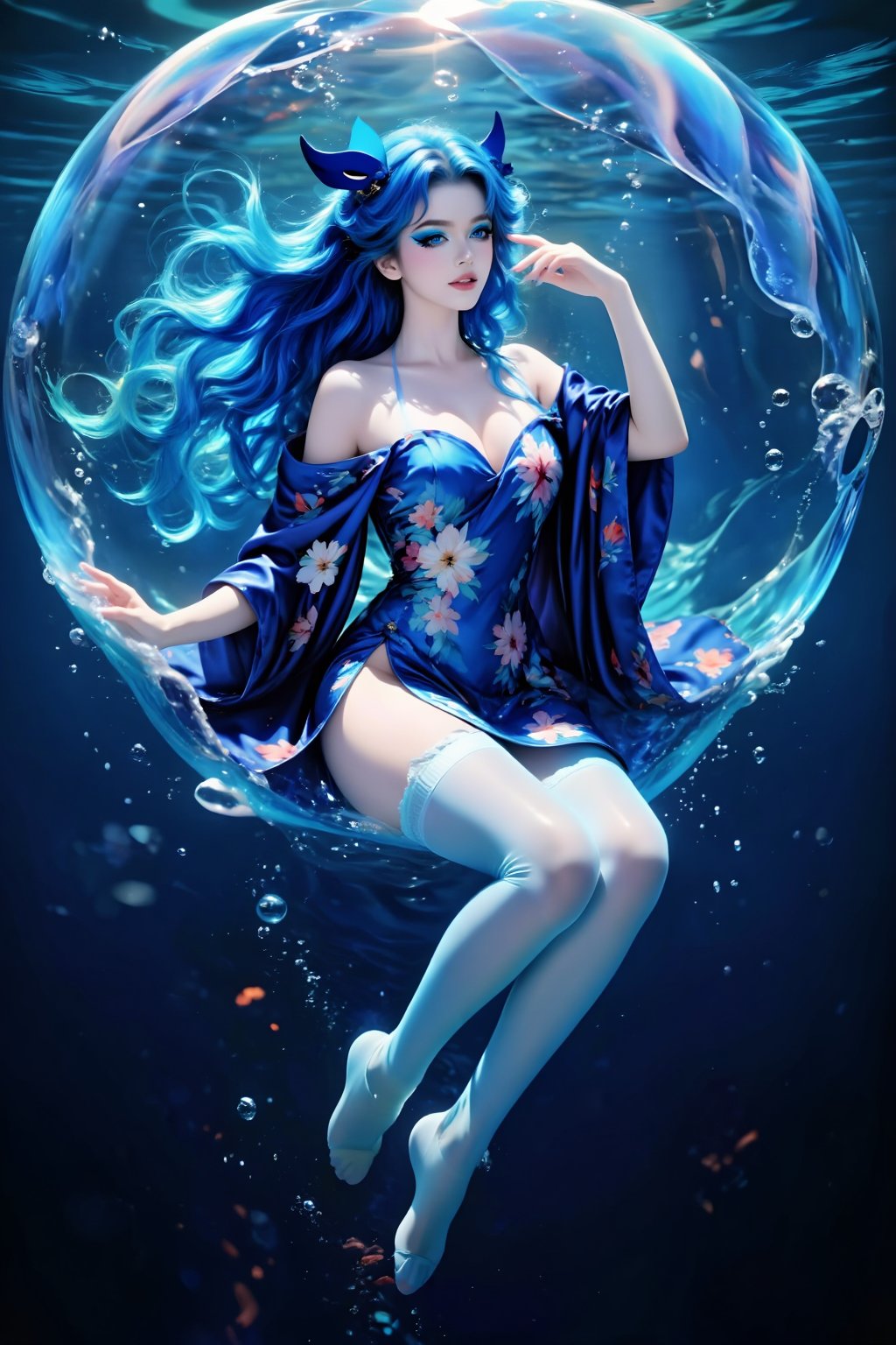 Top quality. Inspiration: Ocean,  floating. Image content: A young woman is enveloped in a large ocean bubble. She has a v...