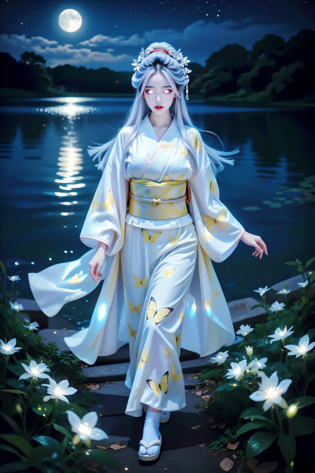 Score_9,  depicts a tranquil lake scene reflecting white moonlight. The beautiful lake reflecting white moonlight,  the fa...