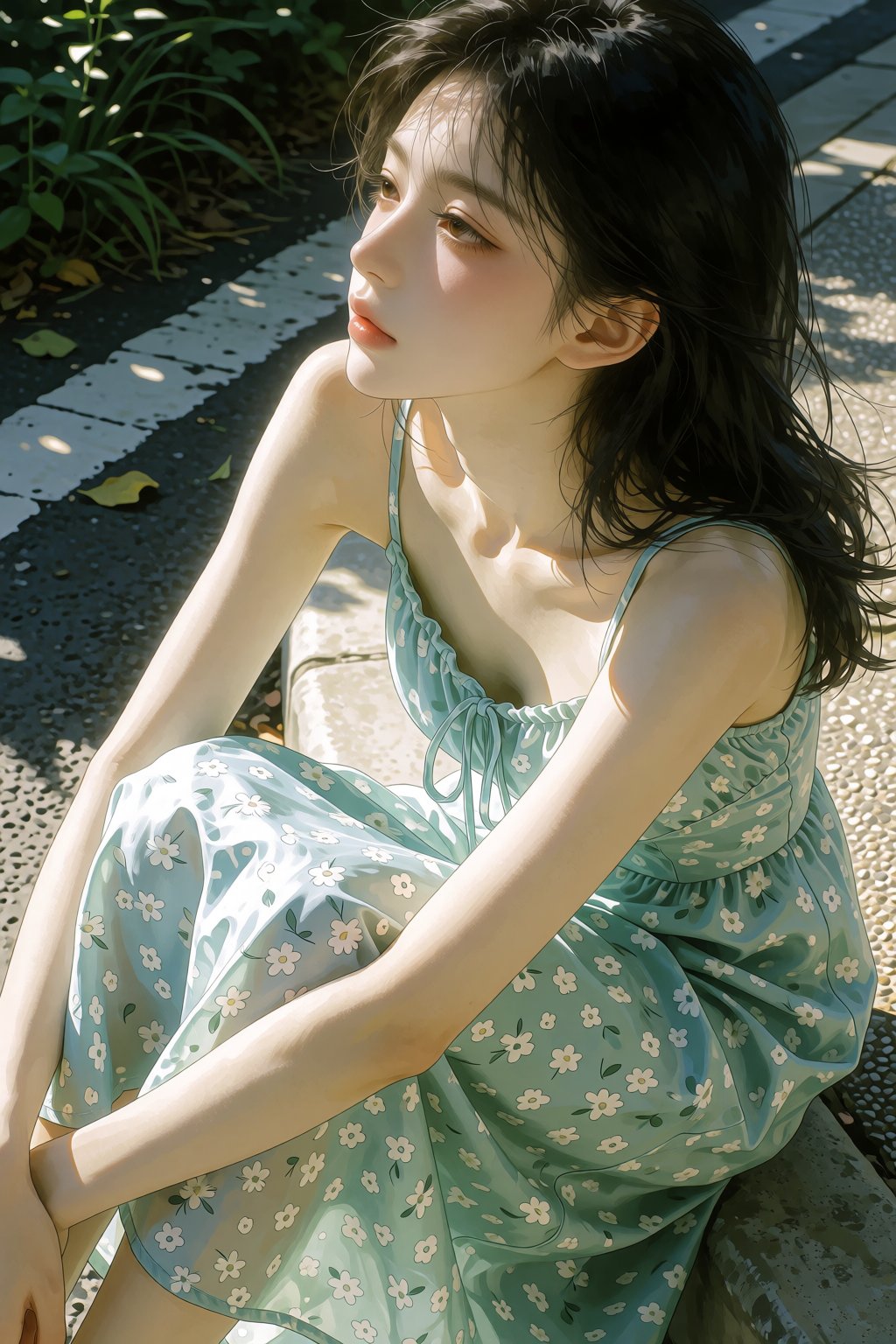 A realistic vertical outdoor phone snapshot of a beautiful European girl 19 years old with black hair,  sitting beside a c...