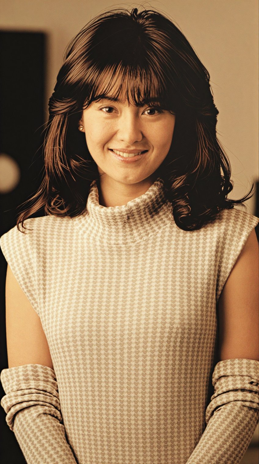 A woman with shoulder-length dark brown hair and bangs smiles softly at the camera,  her expression warm and gentle. She w...