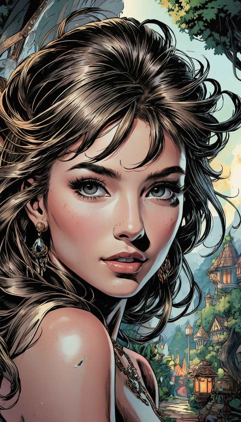 Create a comic-style full-length portrait of a mischievous beauty woman with long hair and beauty eyes in a dynamic pose o...