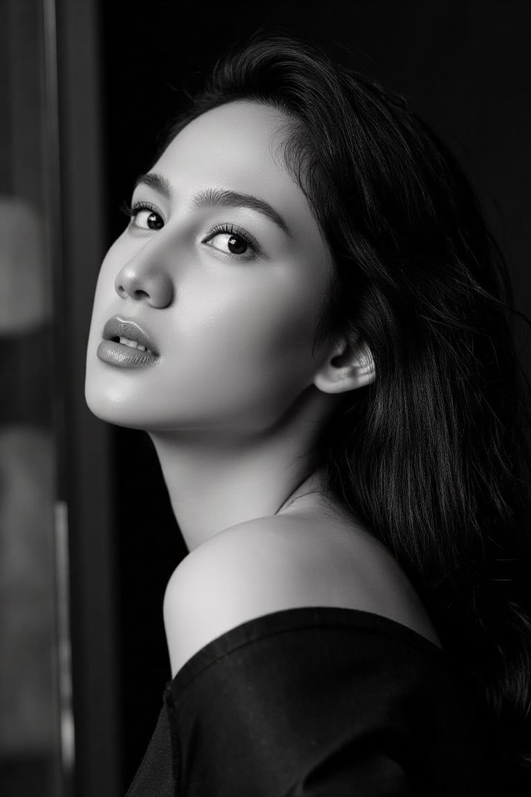 Ultra-realistic cinematic black-and-white high fashion portrait based on the uploaded reference face. A stunning Asian wom...