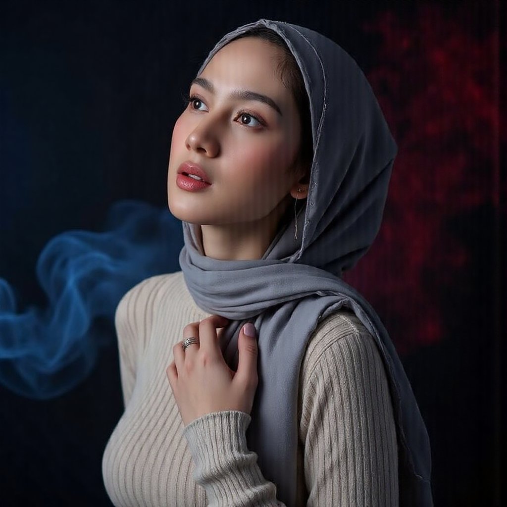 This image is an evocative,  seductive,  high-definition picture of a breathtakingly gorgeous model wearing hijab by jusTo...