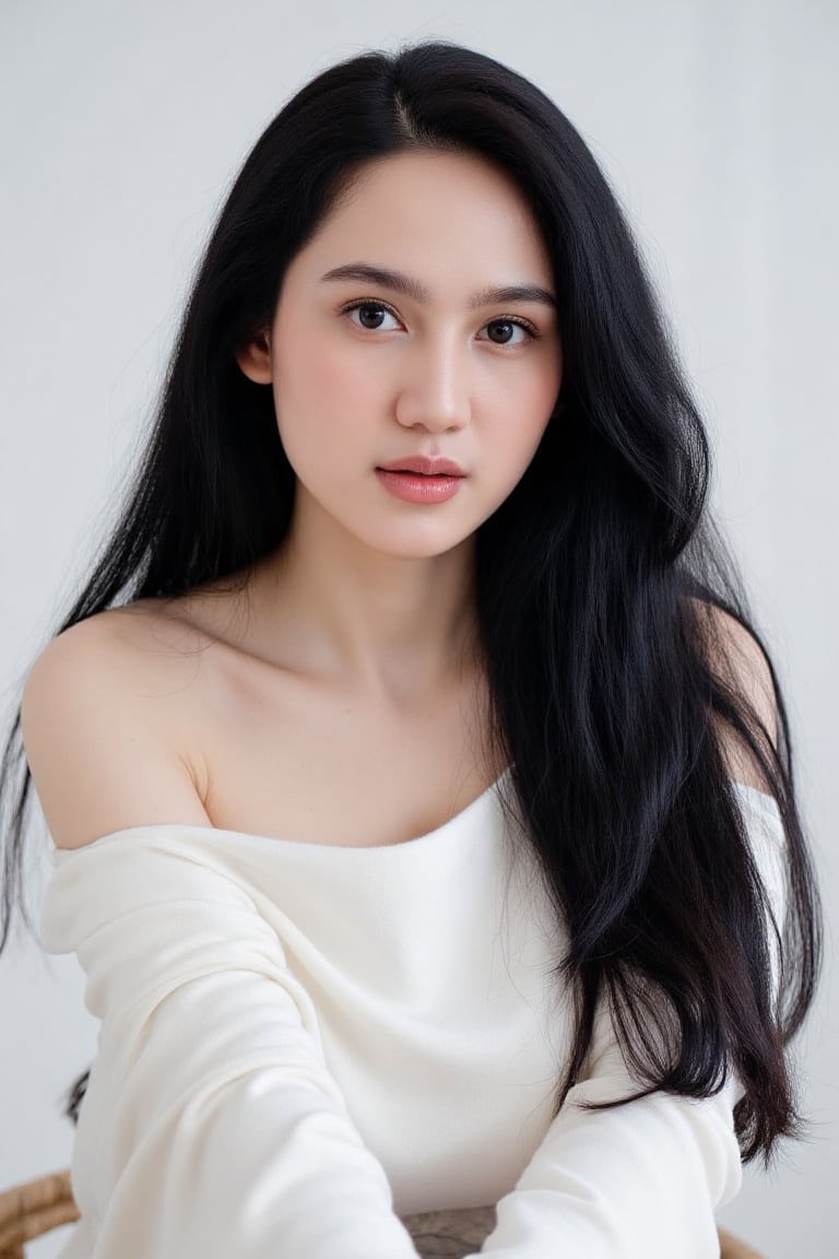 A serene portrait captures a solo female figure,  long black hair cascading down her back,  parted lips subtly conveying i...