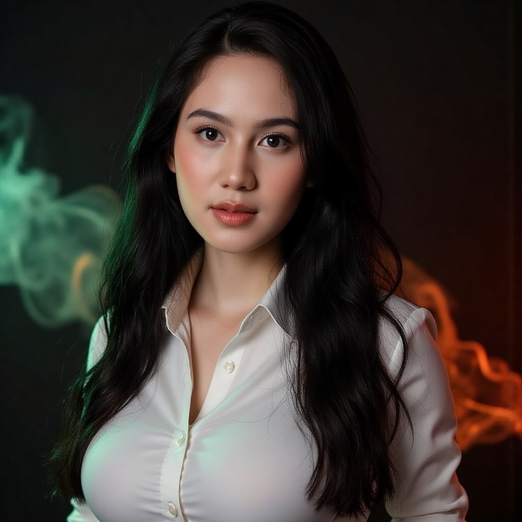 This image is an evocative,  high-definition picture of a breathtaking beautiful model captured in a low-light background....