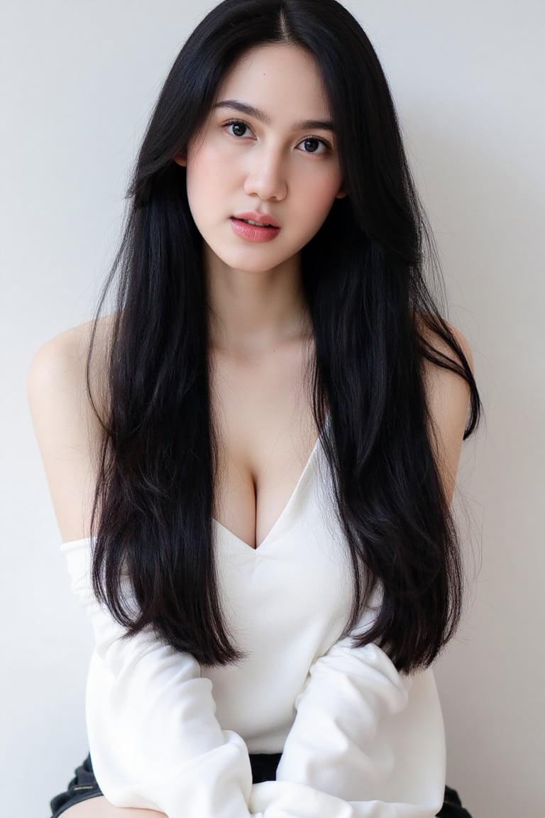 A serene portrait captures a solo female figure,  long black hair cascading down her back,  parted lips subtly conveying i...
