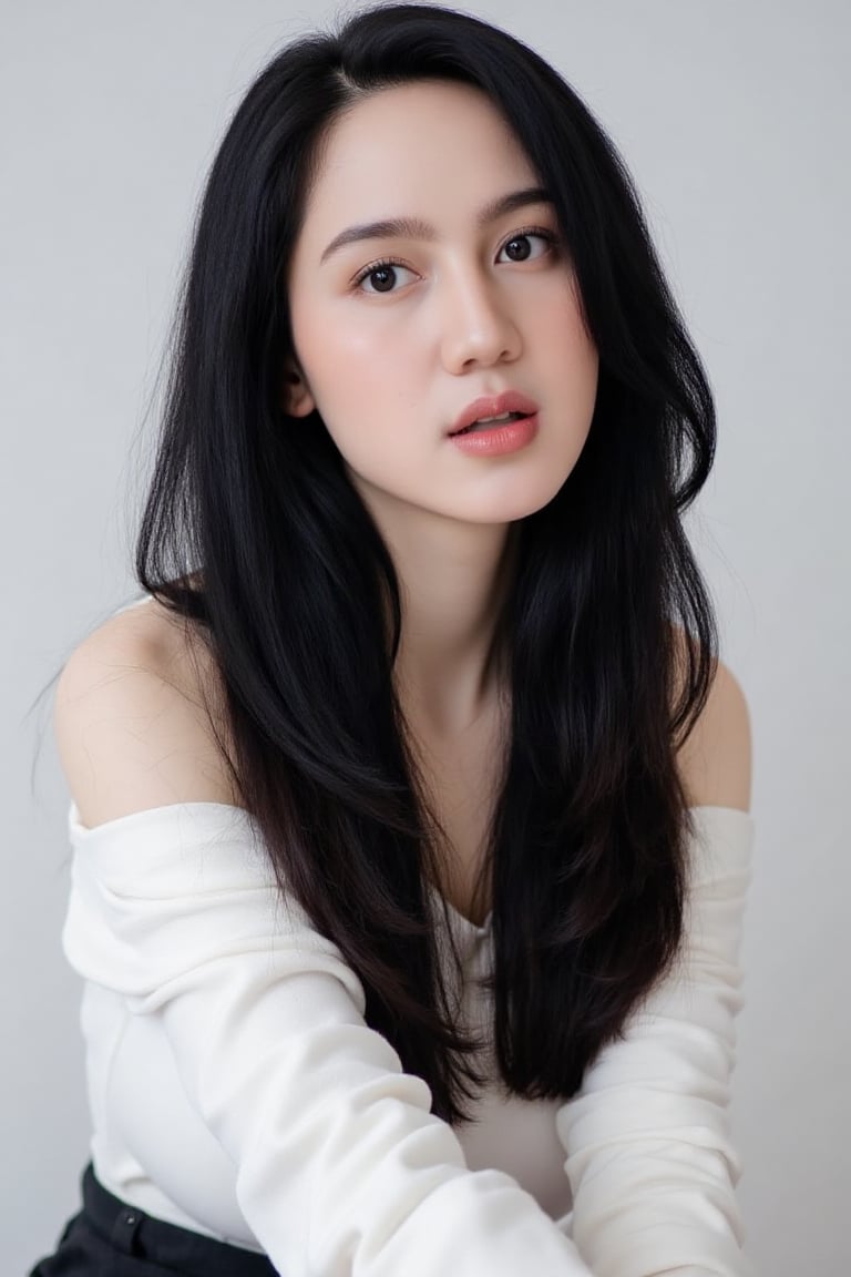 A serene portrait captures a solo female figure,  long black hair cascading down her back,  parted lips subtly conveying i...