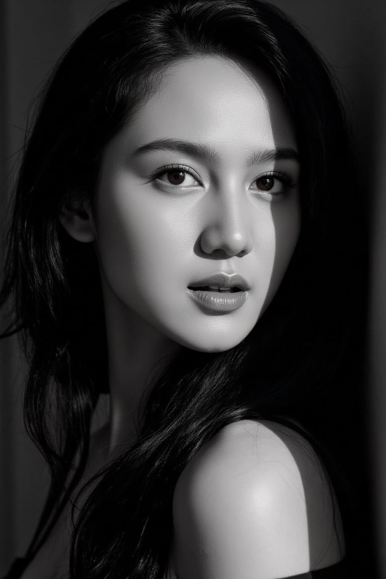 Ultra-realistic cinematic black-and-white high fashion portrait based on the uploaded reference face. A stunning Asian wom...