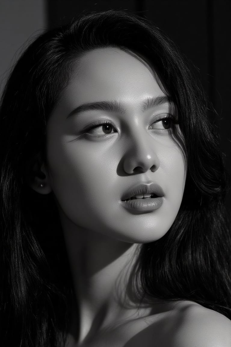 Ultra-realistic cinematic black-and-white high fashion portrait based on the uploaded reference face. A stunning Asian wom...
