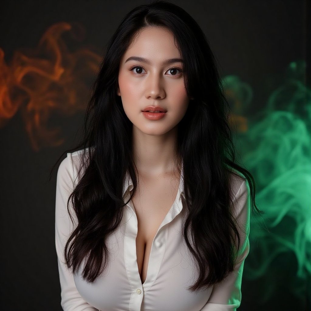This image is an evocative,  high-definition picture of a breathtaking beautiful model captured in a low-light background....