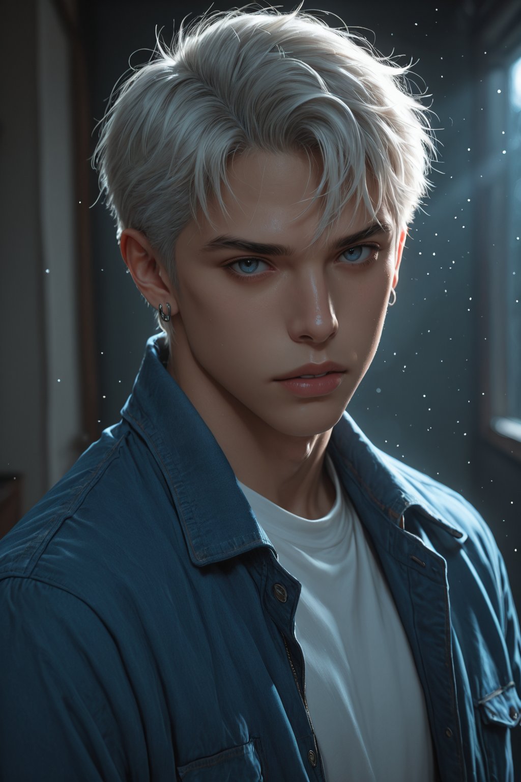 ............ ),  1 men,  solo looking at viewer short hair bangs blue eyes shirt 1boy jewelry jacket white shirt upper bod...