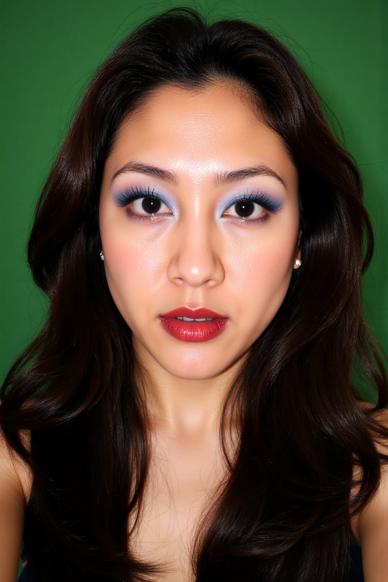 Close-up photograph of an Asian woman with long dark hair wearing vibrant blue eyeshadow thick black eyeliner and glossy r...