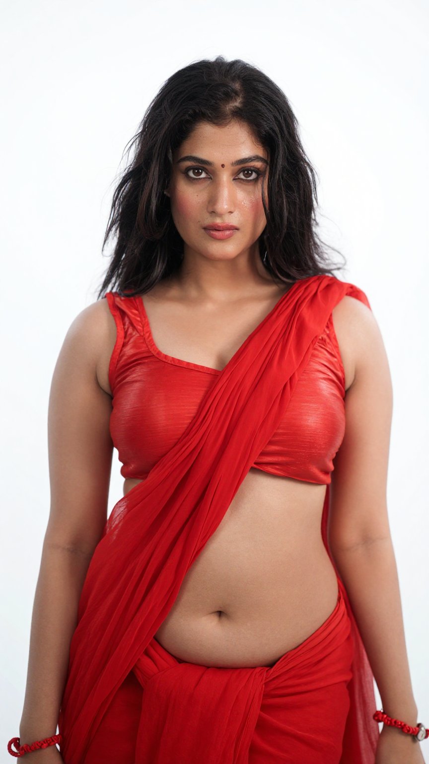 A mallu woman extreme low_rise,  extreme low-waist,  fluracent red saree navel show by LoRa Factory on Tensor.Art