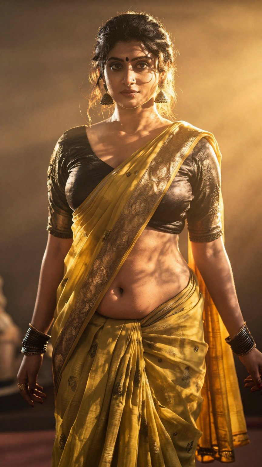 Create a portrait of a Mallu woman in a low-rise,  low-waist saree with a navel show. She has an hourglass figure,  with h...